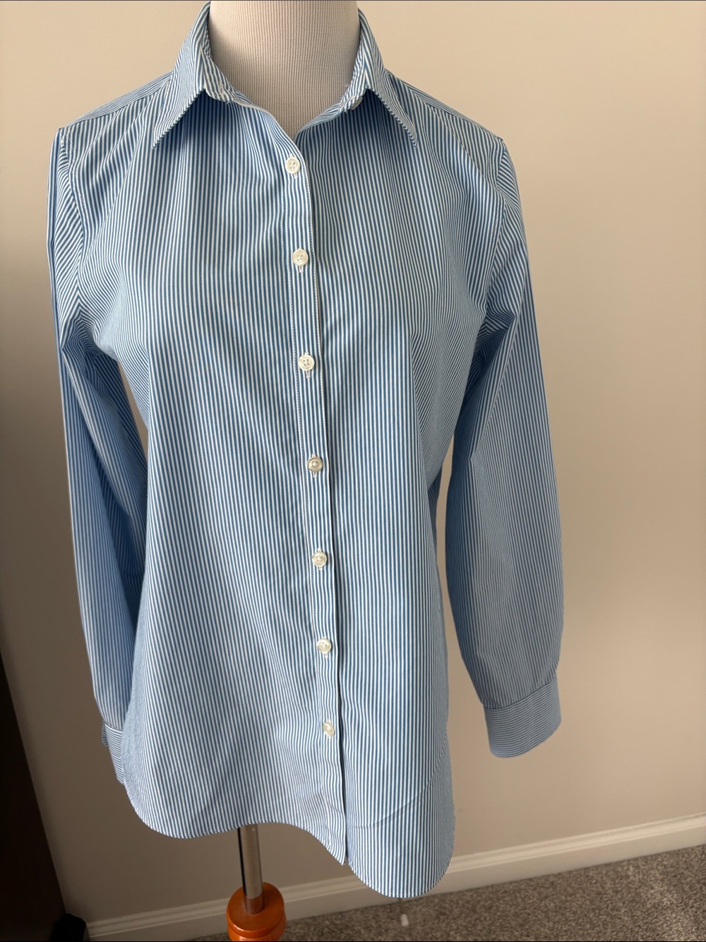 Lands' End Light Blue and White Striped Button-Up Shirt